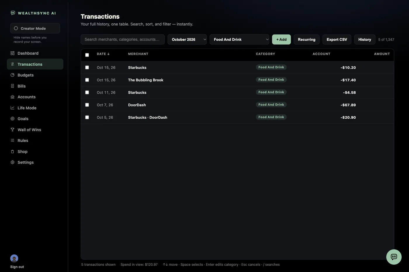 The WealthSync AI transaction list in dark mode
