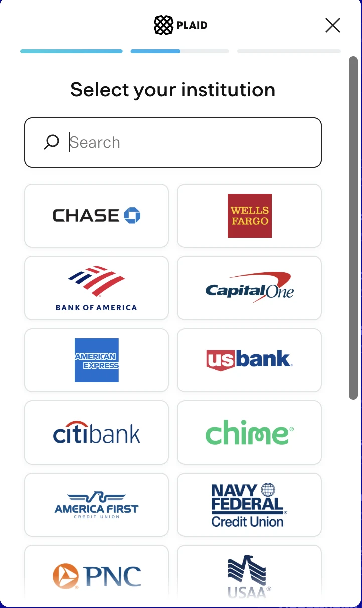 The Plaid connection screen inside WealthSync AI, asking you to pick your bank from Chase, Wells Fargo, Bank of America, Capital One and others