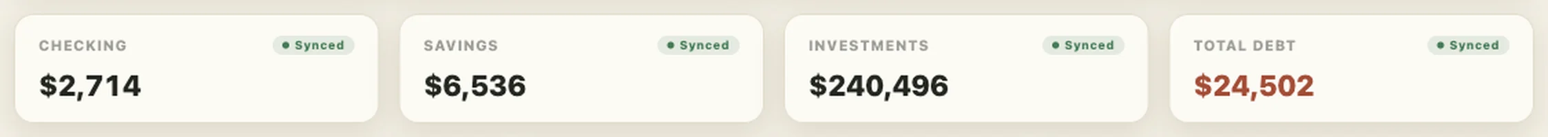 Real account balances synced live: checking, savings, investments and total debt