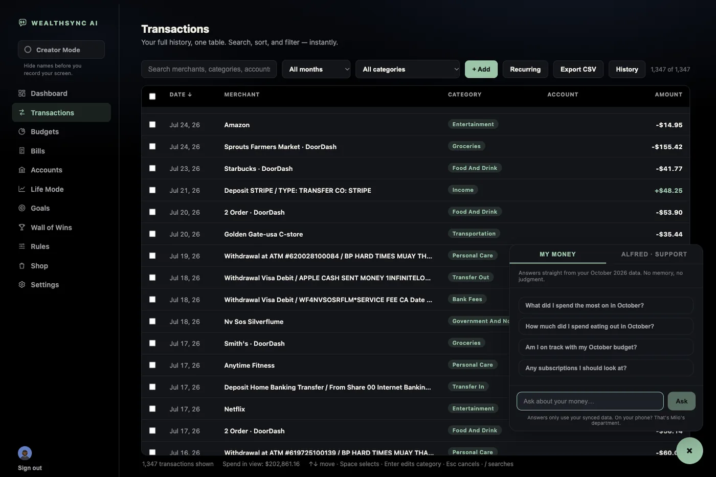 Every account in a single WealthSync AI transaction list
